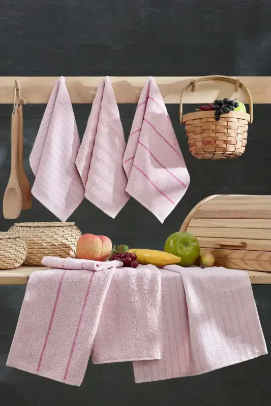 Seher 6-Piece Kitchen and Hand & Face Towel Set 30x50 cm - Powder - CASNACK