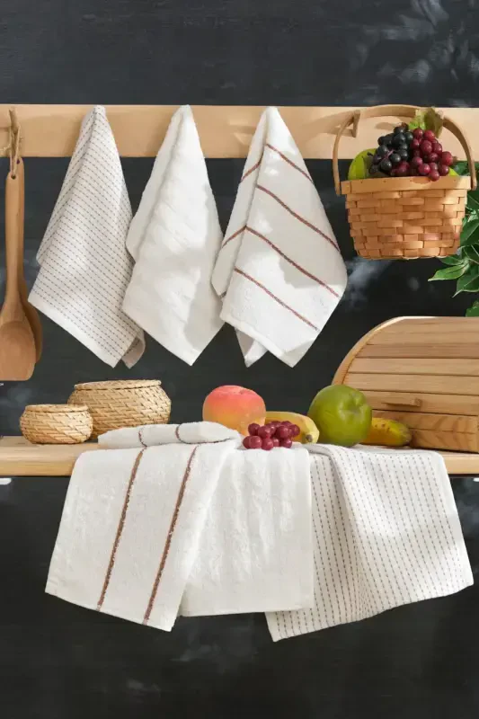 Seher 6'lı Mutfak ve El&Yüz Havlu Seti 30x50 cm. -Krem - CASNACK