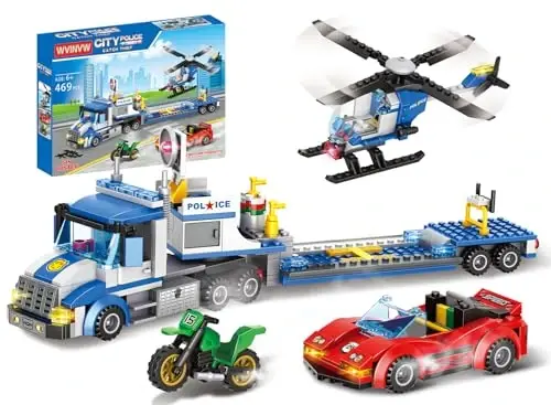 WVINVW City Police Truck and Trailer Building Set, Helicopter, Car, Motorcycle, Police Chase Building Blocks Toy Set Gift for Boys Aged 6-12, 469 PCS - 1