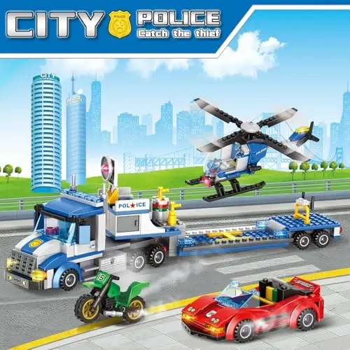WVINVW City Police Truck and Trailer Building Set, Helicopter, Car, Motorcycle, Police Chase Building Blocks Toy Set Gift for Boys Aged 6-12, 469 PCS - 2