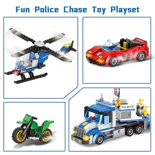 WVINVW City Police Truck and Trailer Building Set, Helicopter, Car, Motorcycle, Police Chase Building Blocks Toy Set Gift for Boys Aged 6-12, 469 PCS - 3