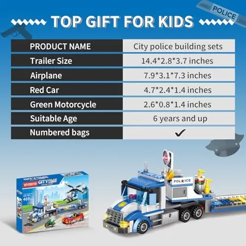 WVINVW City Police Truck and Trailer Building Set, Helicopter, Car, Motorcycle, Police Chase Building Blocks Toy Set Gift for Boys Aged 6-12, 469 PCS - 4