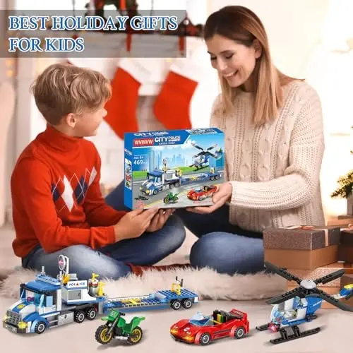 WVINVW City Police Truck and Trailer Building Set, Helicopter, Car, Motorcycle, Police Chase Building Blocks Toy Set Gift for Boys Aged 6-12, 469 PCS - 5