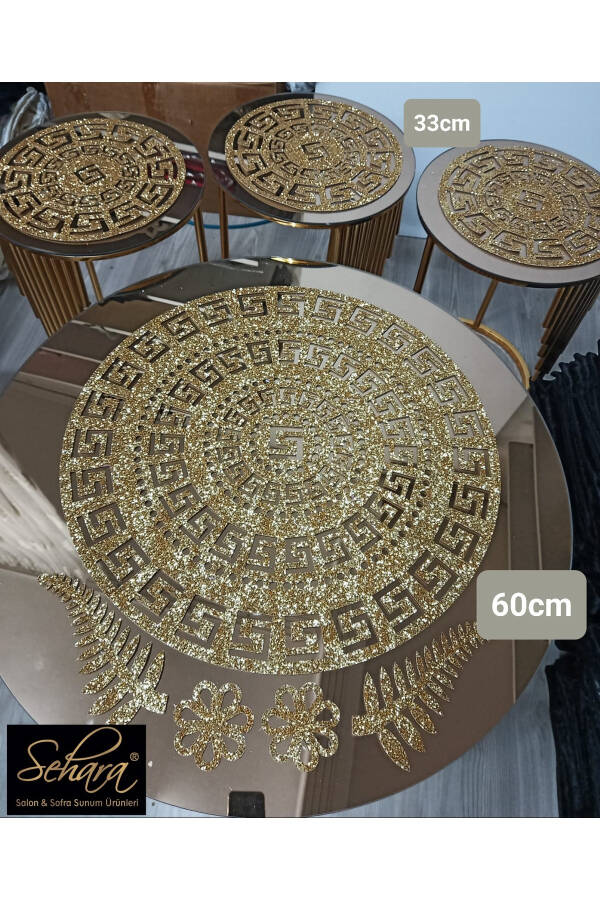 Sehpa Örtü Seti/ 1ad (60CM)lik Orta Sehpa Runnerı,3 Ad.(33CM)zigon Örtüsü/toplam 4 Parça/simli Gold - SİMLİ GOLD - 5