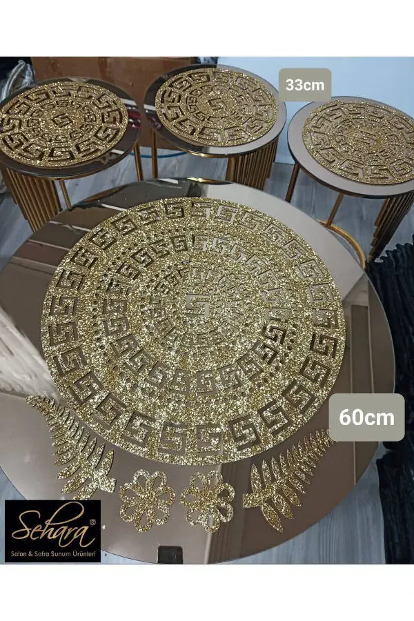 Sehpa Örtü Seti/ 1ad (60CM)lik Orta Sehpa Runnerı,3 Ad.(33CM)zigon Örtüsü/toplam 4 Parça/simli Gold-SİMLİ GOLD - 1