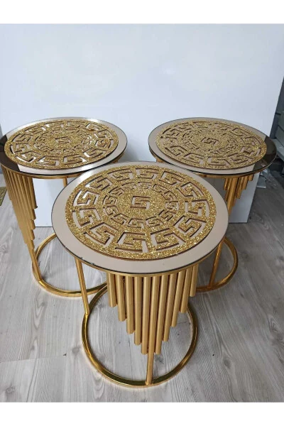 Sehpa Örtü Seti/ 1ad (60CM)lik Orta Sehpa Runnerı,3 Ad.(33CM)zigon Örtüsü/toplam 4 Parça/simli Gold-SİMLİ GOLD - 3