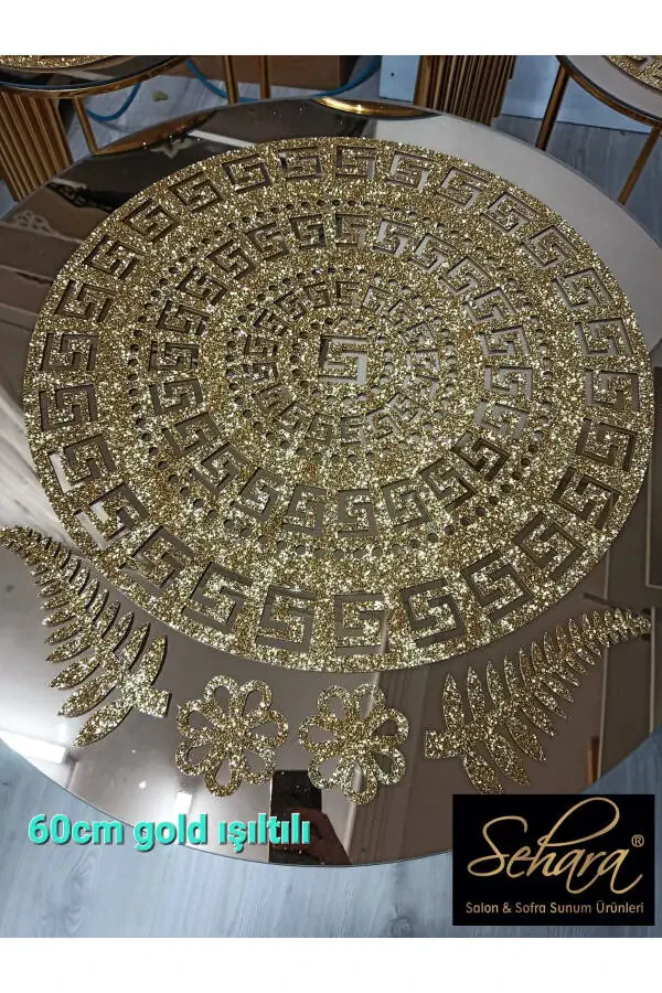 Sehpa Örtü Seti/ 1ad (60CM)lik Orta Sehpa Runnerı,3 Ad.(33CM)zigon Örtüsü/toplam 4 Parça/simli Gold-SİMLİ GOLD - 6