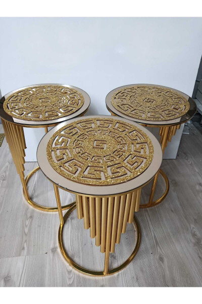 Sehpa Örtü Seti/ 1 Adet (60CM) Orta Sehpa Runnerı, 3 Adet (33CM) Zigon Örtüsü/ Toplam 4 Parça/ Simli Gold - 3