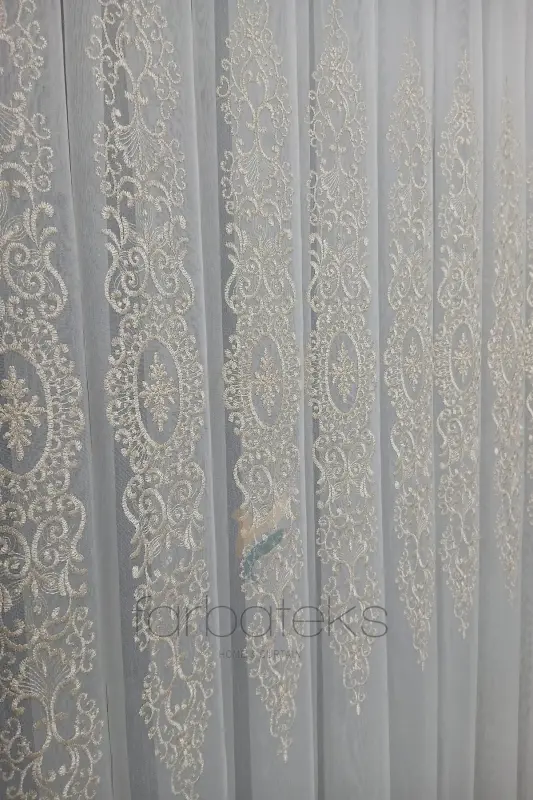 Şehrazat Altın Gold Motif İşlemeli 3 kat Pileli Ütü İstemez Salon Tül Perde-altın - 2