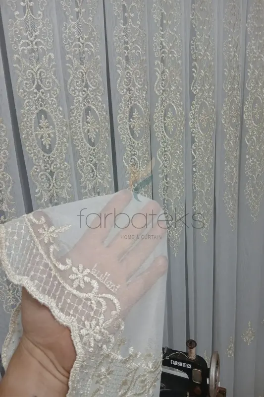 Şehrazat Altın Gold Motif İşlemeli 3 kat Pileli Ütü İstemez Salon Tül Perde-altın - 3