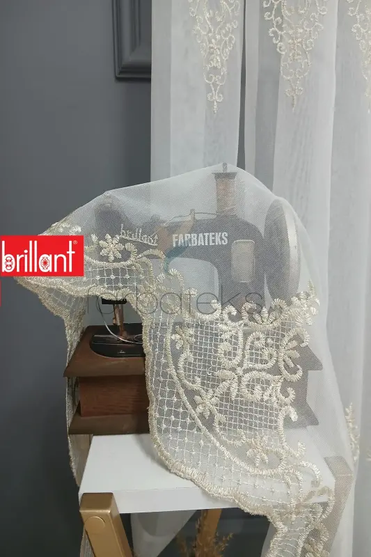 Şehrazat Altın Gold Motif İşlemeli 3 kat Pileli Ütü İstemez Salon Tül Perde-altın - 5