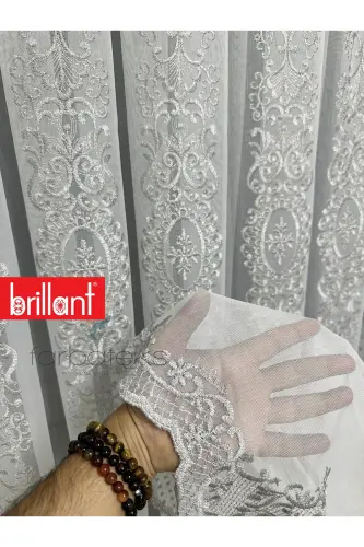 Şehrazat Gümüş Motif İşlemeli 3 kat Pileli Ütü İstemez Salon Tül Perde-gms - 4