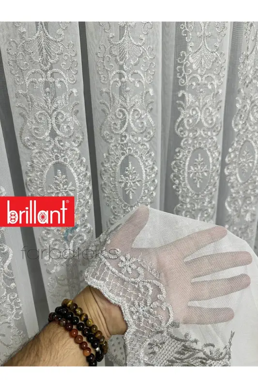 Şehrazat Gümüş Motif İşlemeli 3 kat Pileli Ütü İstemez Salon Tül Perde-gms - 4