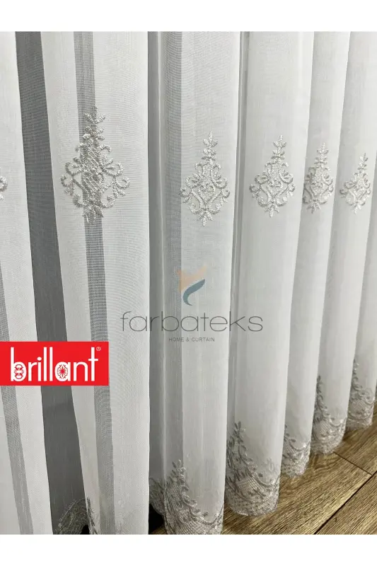 Şehrazat Gümüş Motif İşlemeli 3 kat Pileli Ütü İstemez Salon Tül Perde-gms - 6