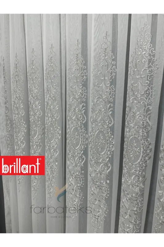 Şehrazat Gümüş Motif İşlemeli 3 kat Pileli Ütü İstemez Salon Tül Perde-gms - 1