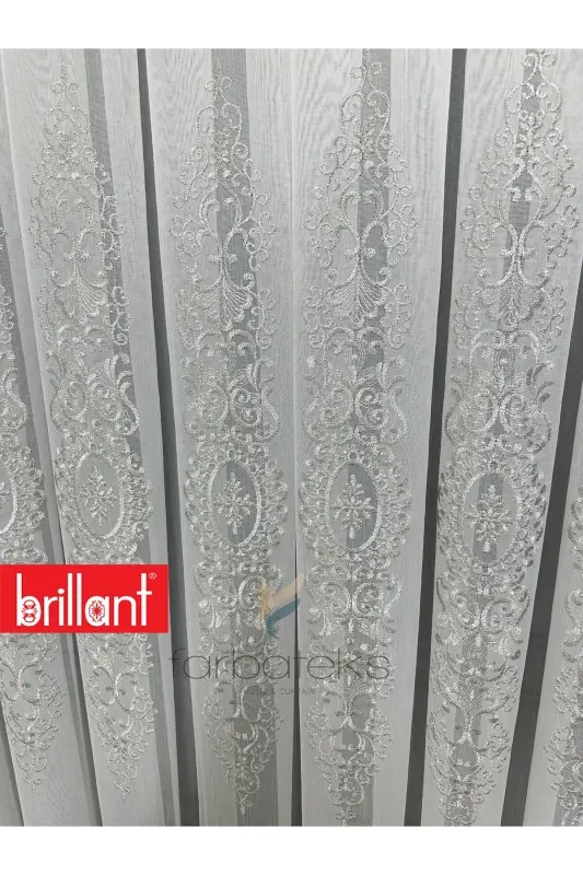 Şehrazat Gümüş Motif İşlemeli 3 kat Pileli Ütü İstemez Salon Tül Perde-gms - 5