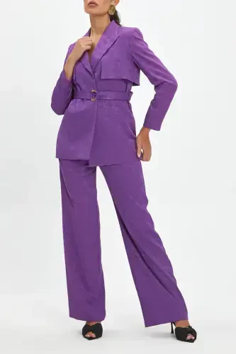 Self Patterned Belted Purple Blazer Pant Set 39131 - 1