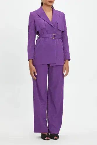 Self Patterned Belted Purple Blazer Pant Set 39131 - 2