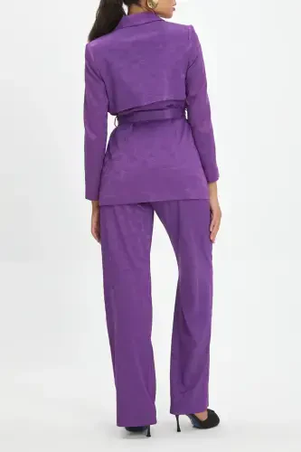 Self Patterned Belted Purple Blazer Pant Set 39131 - 3