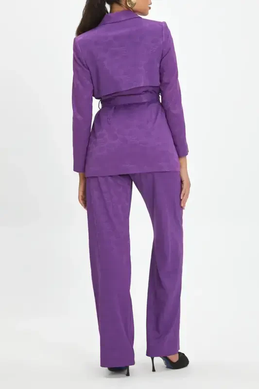 Self Patterned Belted Purple Blazer Pant Set 39131 - 3