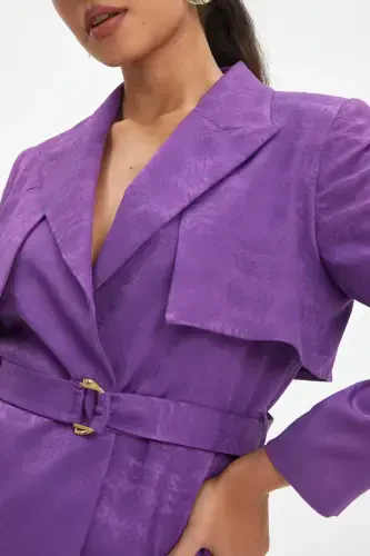 Self Patterned Belted Purple Blazer Pant Set 39131 - 4