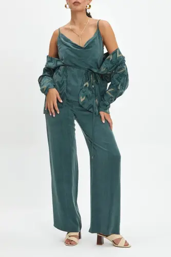 Self-Patterned Cowl Neck with Pockets and Waist Tie - 4