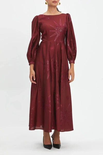 Self-Patterned Cycling Collar Flared Skirt Maroon Dress 40345 - 1