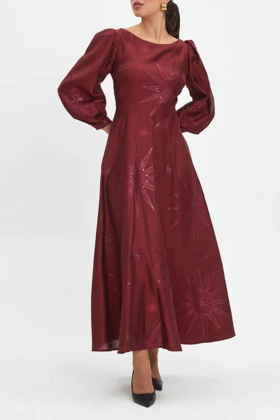 Self-Patterned Cycling Collar Flared Skirt Maroon Dress 40345 - 2