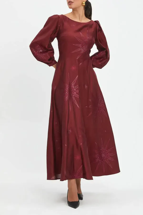 Self-Patterned Cycling Collar Flared Skirt Maroon Dress 40345 - 2