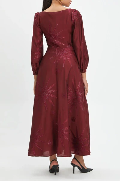 Self-Patterned Cycling Collar Flared Skirt Maroon Dress 40345 - 4