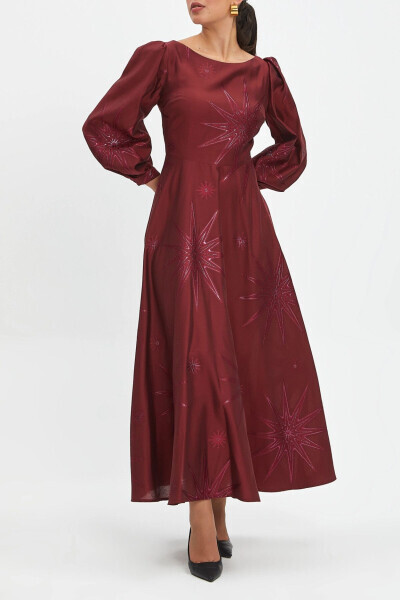 Self-Patterned Cycling Collar Flared Skirt Maroon Dress 40345 - SERPİL (1)