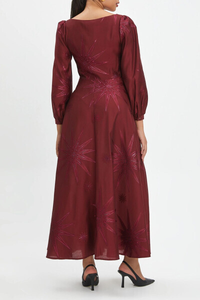 Self-Patterned Cycling Collar Flared Skirt Maroon Dress 40345 - 4