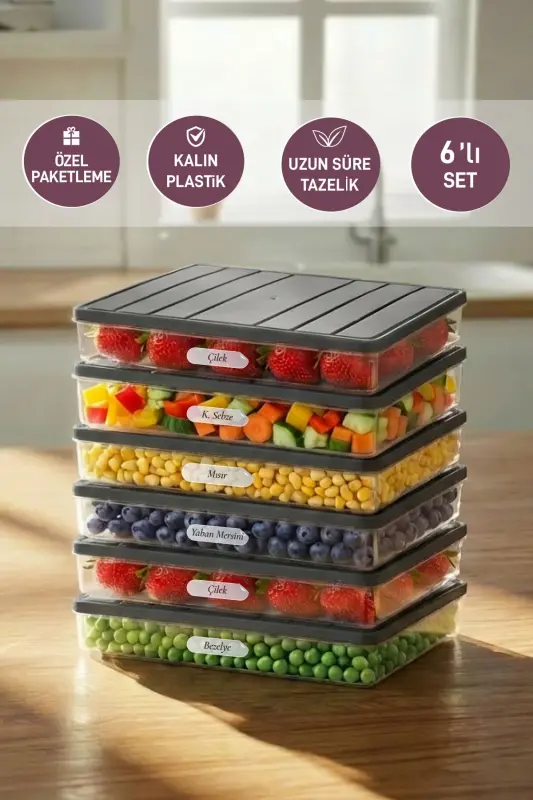 6 Adet 2,5 Lt. Nora Organizer Buzdolabı Buzluk Düzenleyici Saklama Kabı - Gri - 1