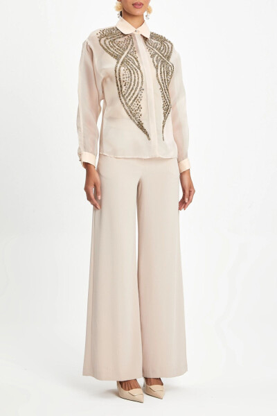 Шелковая блузка с длинными рукавами, золотой вышивкой, стильный бежевый 39901 - SERPIL