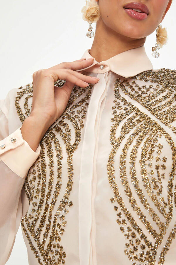 Шелковая блузка с длинными рукавами, золотой вышивкой, стильный бежевый 39901 - 3