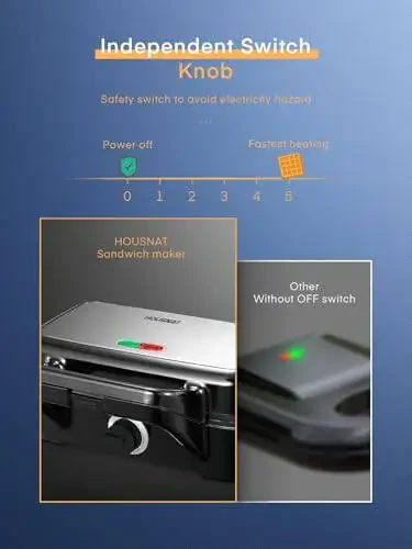 Сэндвичница HOUSNAT, 3 в 1 вафельница со съемными пластинами, 1200 Вт пресс для панини со сменными антипригарными пластинами, индикаторные лампы, 5-ступенчатая регулировка температуры (черный) - 4