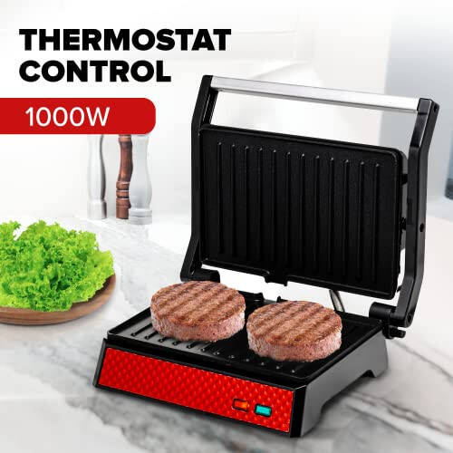 Сэндвичница OVENTE Electric Panini Press с антипригарным покрытием, открывается на 180 градусов, чтобы вместить любой тип или размер пищи, 1000 Вт Внутренний гриль, идеально подходит для кесадильи, бургеров и многого другого, красный GP0620R - 2