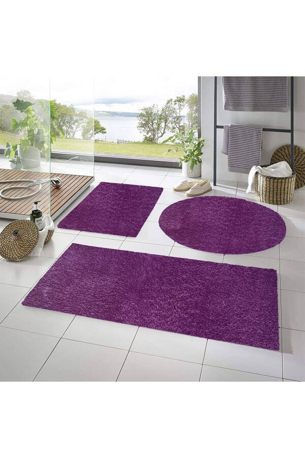 Post Peluş Banyo Paspası Üçlü Takım Kaymaz Jel Taban Lila 50x80-50x60--50x50(YUVARLAK) - Lila - 1