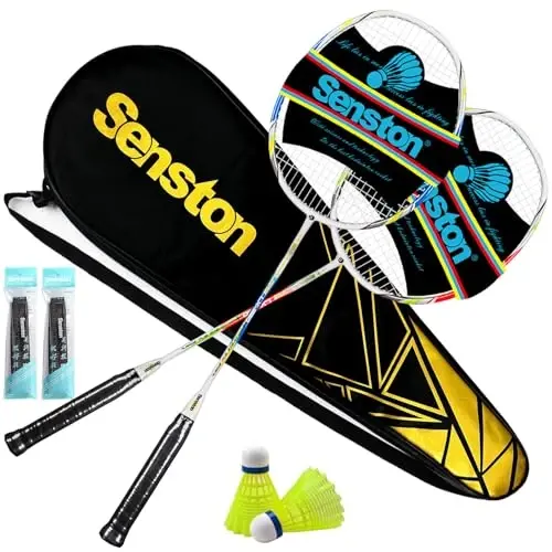 Senston Carbon Fiber Composite Badminton Rackets Set of 2 – Lightweight Racquets for Beginners, Casual Outdoor Play & Family Fun, with Shuttlecocks, Replacement Grips & Carry Bag - SENSTON