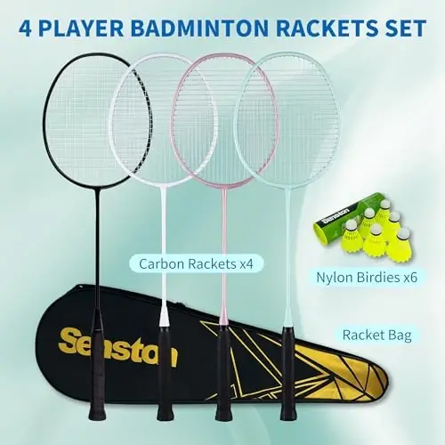 Senston Professional Badminton Rackets Set of 4 - Carbon Fiber, 6 Shuttlecocks, 4 Grips & Bag for Backyard Games | 90g Lightweight - 6