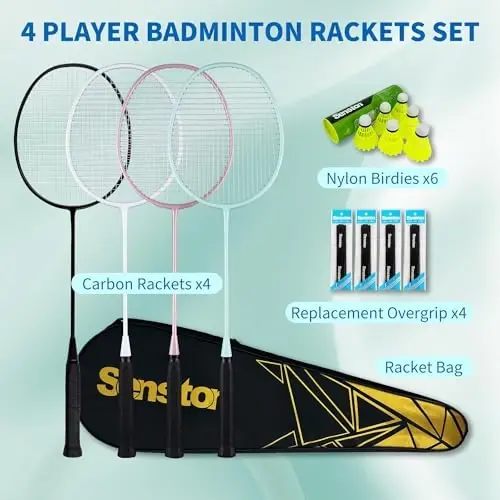 Senston Badminton Raketi, Açık Hava, Bahçe, Spor Salonu İçin 6 Naylon Çift Kalemeli Hafif Badminton Raketi Seti, 4'lü Paket - SENSTON (1)