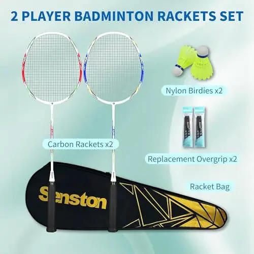 Senston Badminton Raketlari To'plami 2 ta, Grafit Shafti Badminton Raketlari Badminton Sumkasi, 2 ta Badminton Vokzalchisi, 2 ta Raket Tutqichi bilan - 2