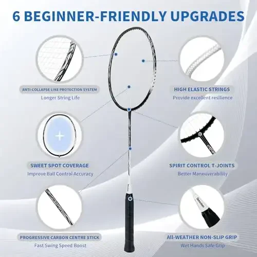 Senston N80 Badminton Racketlari To'plami - Sirpanishga qarshi tutqichli va 2 ta sumkasi bo'lgan to'liq karbon tolali 5U yengil raketkalar, kattalar, o'smirlar, oilaviy o'yinlar uchun ochiq havoda/hovlida sport anjomlari - 1
