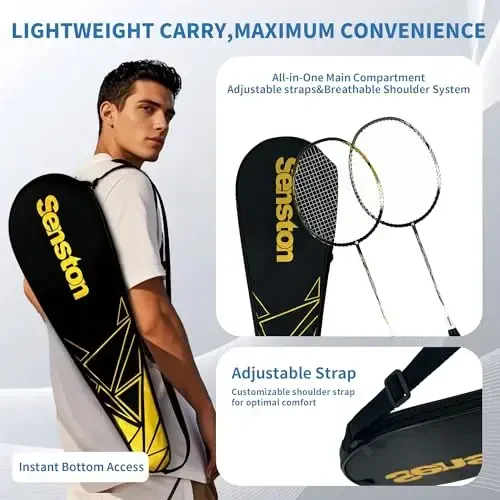 Senston N80 Badminton Racketlari To'plami - Sirpanishga qarshi tutqichli va 2 ta sumkasi bo'lgan to'liq karbon tolali 5U yengil raketkalar, kattalar, o'smirlar, oilaviy o'yinlar uchun ochiq havoda/hovlida sport anjomlari - 4