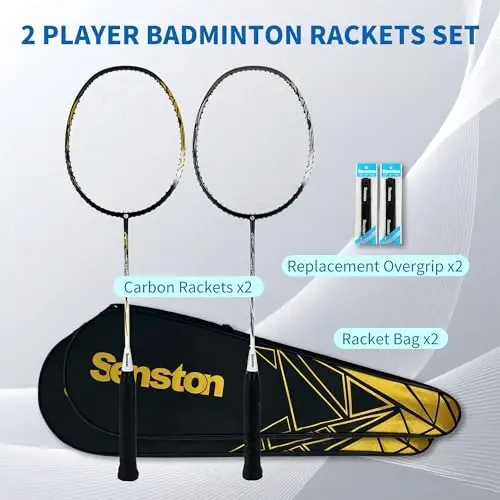 Senston N80 Badminton Rackets Set - Full Carbon-Fiber 5U Lightweight Racquets with Anti-Slip Grips & 2 Carry Bags, Outdoor/Backyard Sports for Adults, Teens, Family Games - 5