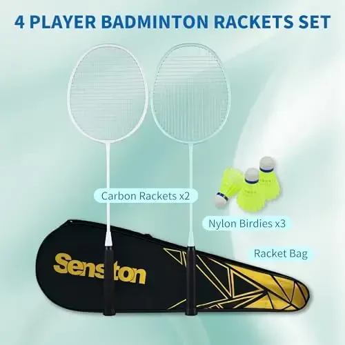 Senston Professional Badminton Rackets Set of 4 - Carbon Fiber, 6 Shuttlecocks, 4 Grips & Bag for Backyard Games | 90g Lightweight - 2