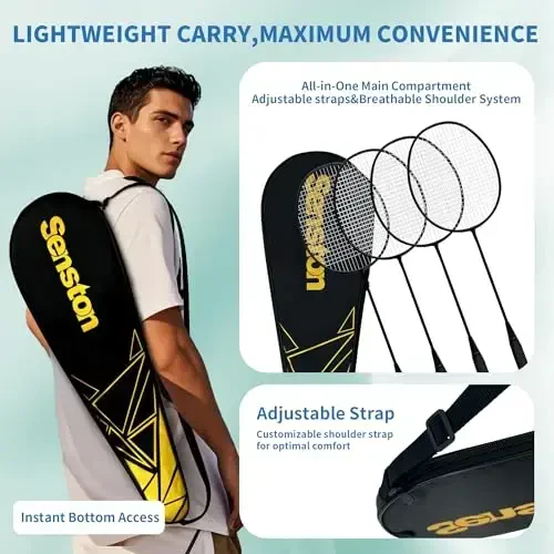Senston Professional Badminton Rackets Set of 4 - Carbon Fiber, 6 Shuttlecocks, 4 Grips & Bag for Backyard Games | 90g Lightweight - 4