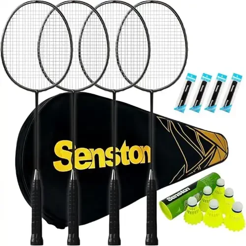 Senston Professional Badminton Rackets Set of 4 - Carbon Fiber, 6 Shuttlecocks, 4 Grips & Bag for Backyard Games | 90g Lightweight - 5