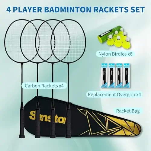 Senston Professional Badminton Rackets Set of 4 - Carbon Fiber, 6 Shuttlecocks, 4 Grips & Bag for Backyard Games | 90g Lightweight - 6
