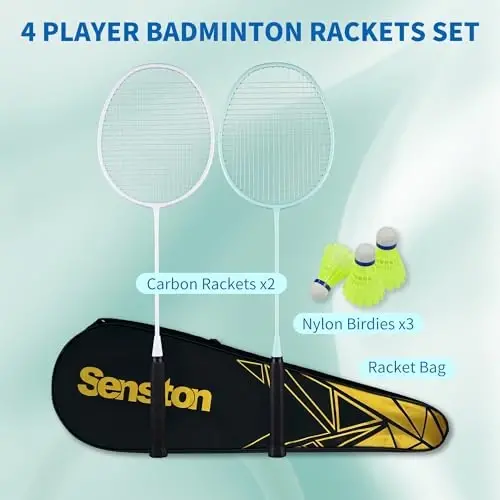 Senston Professional Badminton Rackets Set of 4 - Carbon Fiber, 6 Shuttlecocks, 4 Grips & Bag for Backyard Games | 90g Lightweight - 2